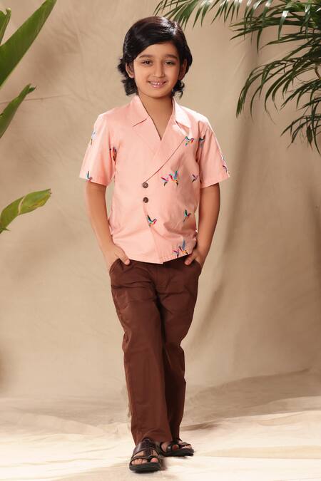 Littlecheer_Pink Cotton Embroidery Birds Thread Work Shirt _Online_at_Aza_Fashions