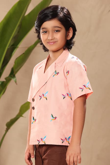 Buy_Littlecheer_Pink Cotton Embroidery Birds Thread Work Shirt _Online_at_Aza_Fashions