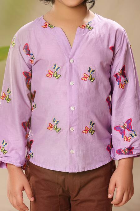 Littlecheer Purple Cotton Embroidery Butterfly Thread Shirt Online at Aza Fashions Littlecheer_Purple Cotton Embroidery Butterfly Thread Shirt _Online_at_Aza_Fashions