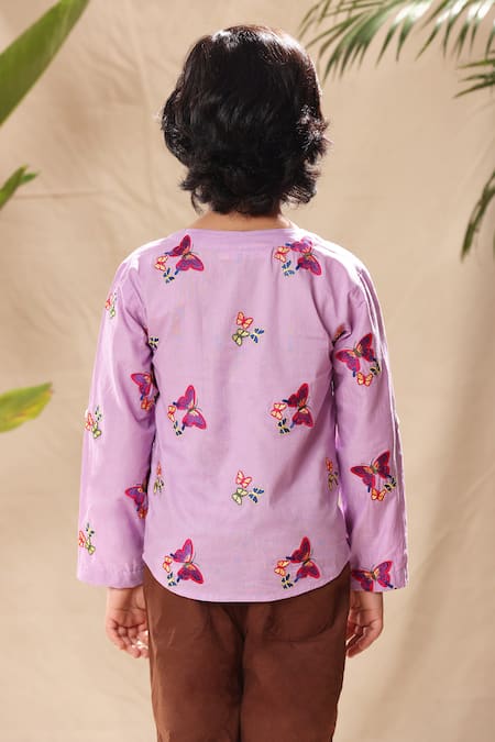Shop Littlecheer Purple Cotton Embroidery Butterfly Thread Shirt at Aza Fashions Shop_Littlecheer_Purple Cotton Embroidery Butterfly Thread Shirt _at_Aza_Fashions