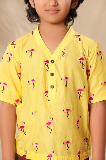 Littlecheer_Yellow Cotton Embroidery Flamingo Thread Work Shirt _Online_at_Aza_Fashions
