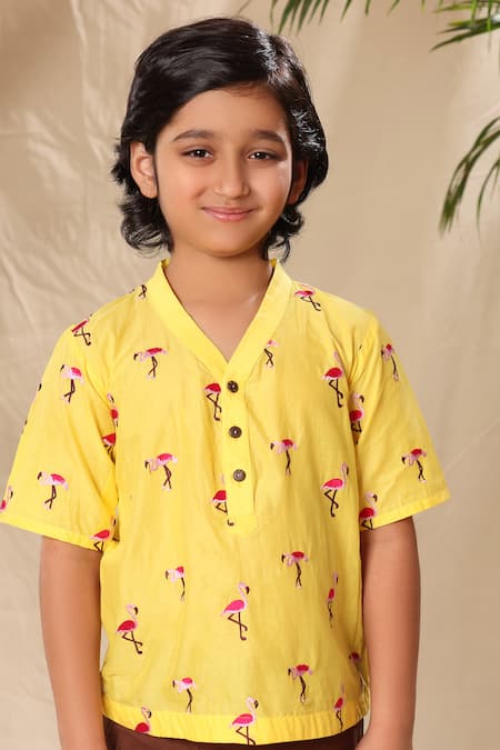 Buy_Littlecheer_Yellow Cotton Embroidery Flamingo Thread Work Shirt _Online_at_Aza_Fashions