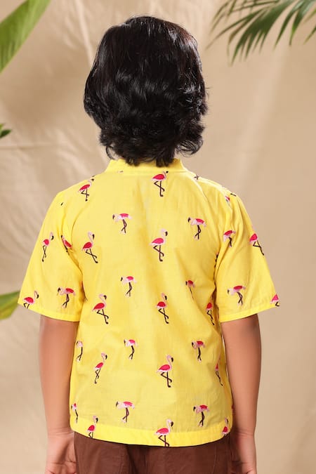 Shop_Littlecheer_Yellow Cotton Embroidery Flamingo Thread Work Shirt _at_Aza_Fashions