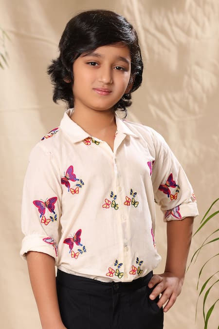 Littlecheer Off White Cotton Embroidery Butterfly Thread Work Shirt Online at Aza Fashions Littlecheer_Off White Cotton Embroidery Butterfly Thread Work Shirt _Online_at_Aza_Fashions