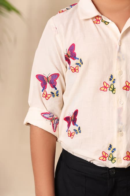 Buy Littlecheer Off White Cotton Embroidery Butterfly Thread Work Shirt Online at Aza Fashions Buy_Littlecheer_Off White Cotton Embroidery Butterfly Thread Work Shirt _Online_at_Aza_Fashions