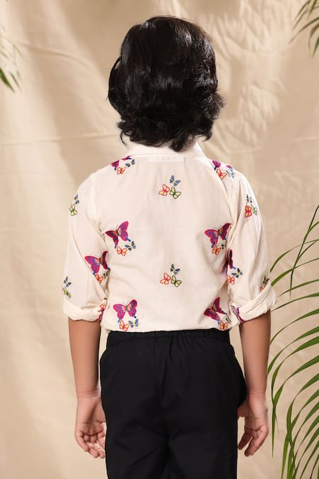 Shop Littlecheer Off White Cotton Embroidery Butterfly Thread Work Shirt at Aza Fashions Shop_Littlecheer_Off White Cotton Embroidery Butterfly Thread Work Shirt _at_Aza_Fashions