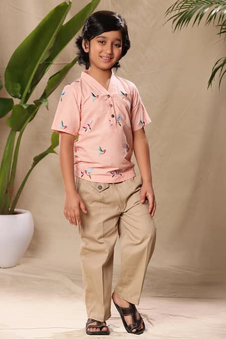 Shop Littlecheer Pink Cotton Embroidery Bird Thread Work Shirt Online at Aza Fashions Shop_Littlecheer_Pink Cotton Embroidery Bird Thread Work Shirt _Online_at_Aza_Fashions
