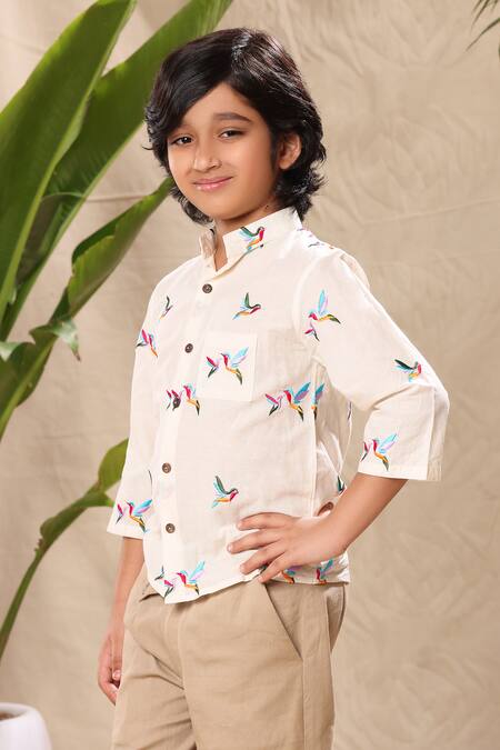 Littlecheer Off White Cotton Embroidery Bird Shirt And Pant Set Online at Aza Fashions Littlecheer_Off White Cotton Embroidery Bird Shirt And Pant Set _Online_at_Aza_Fashions