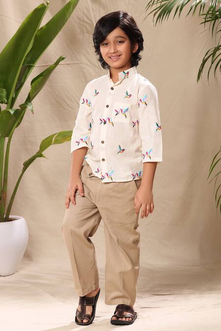Buy Littlecheer Off White Cotton Embroidery Bird Shirt And Pant Set Online at Aza Fashions Buy_Littlecheer_Off White Cotton Embroidery Bird Shirt And Pant Set _Online_at_Aza_Fashions