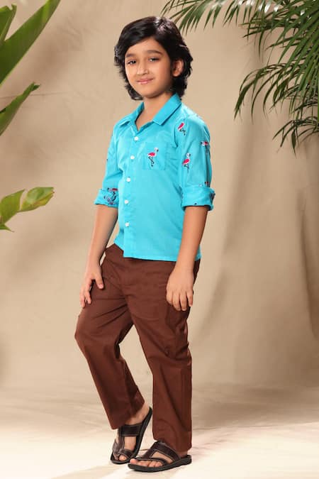 Littlecheer Blue Cotton Embroidery Flamingo Shirt And Pant Set Online at Aza Fashions Littlecheer_Blue Cotton Embroidery Flamingo Shirt And Pant Set _Online_at_Aza_Fashions