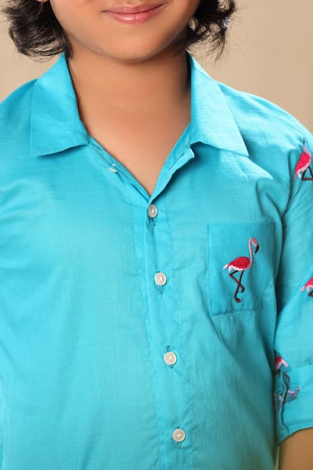 Buy Littlecheer Blue Cotton Embroidery Flamingo Shirt And Pant Set Online at Aza Fashions Buy_Littlecheer_Blue Cotton Embroidery Flamingo Shirt And Pant Set _Online_at_Aza_Fashions