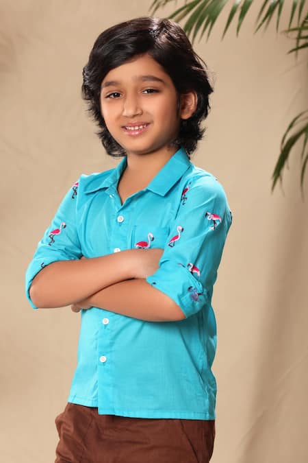 Shop Littlecheer Blue Cotton Embroidery Flamingo Shirt And Pant Set at Aza Fashions Shop_Littlecheer_Blue Cotton Embroidery Flamingo Shirt And Pant Set _at_Aza_Fashions
