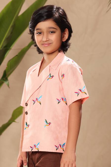 Buy Littlecheer Pink Cotton Embroidery Bird Motif Shirt And Trouser Set Online at Aza Fashions Buy_Littlecheer_Pink Cotton Embroidery Bird Motif Shirt And Trouser Set _Online_at_Aza_Fashions