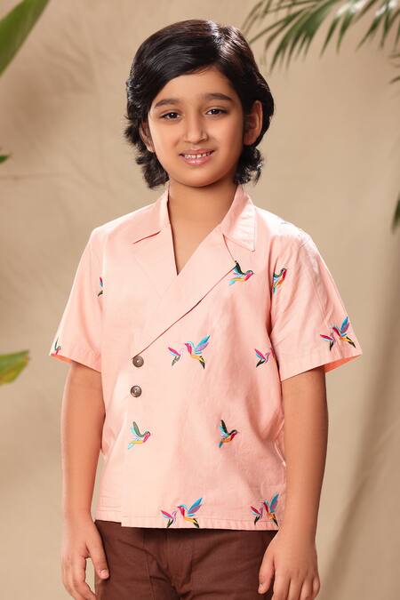 Shop Littlecheer Pink Cotton Embroidery Bird Motif Shirt And Trouser Set Online at Aza Fashions Shop_Littlecheer_Pink Cotton Embroidery Bird Motif Shirt And Trouser Set _Online_at_Aza_Fashions