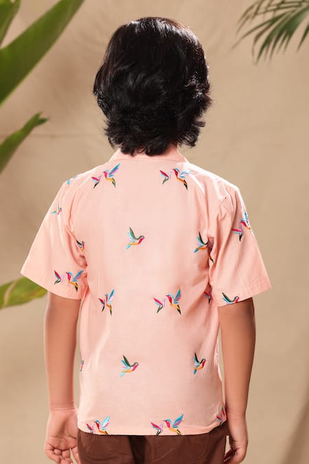 Shop Littlecheer Pink Cotton Embroidery Bird Motif Shirt And Trouser Set at Aza Fashions Shop_Littlecheer_Pink Cotton Embroidery Bird Motif Shirt And Trouser Set _at_Aza_Fashions