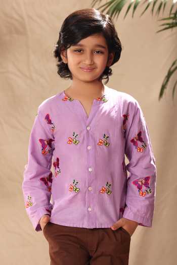 Littlecheer_Purple Cotton Embroidery Butterfly Shirt And Pant Set _Online_at_Aza_Fashions