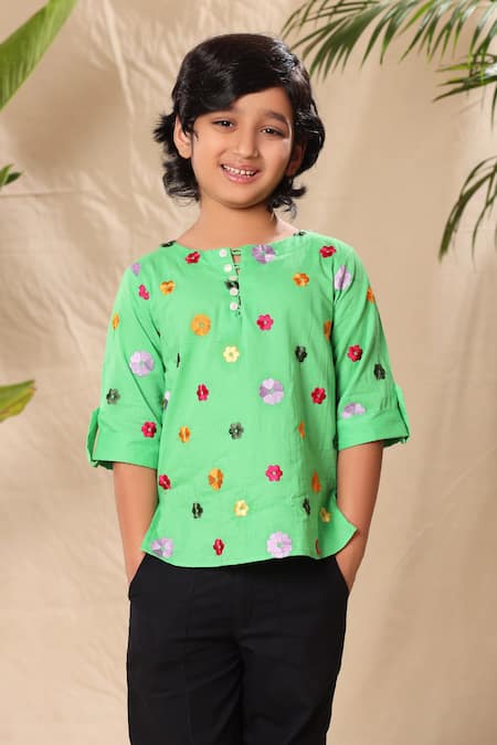 Littlecheer_Green Cotton Embroidery Floret Thread Shirt And Pant Set _Online_at_Aza_Fashions