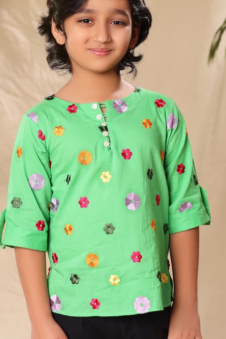 Buy_Littlecheer_Green Cotton Embroidery Floret Thread Shirt And Pant Set _Online_at_Aza_Fashions