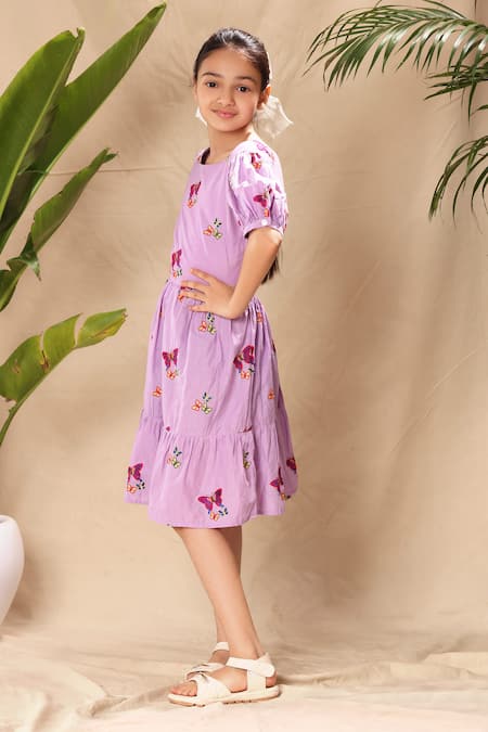 Littlecheer_Purple Cotton Embroidery Thread Dress _Online_at_Aza_Fashions