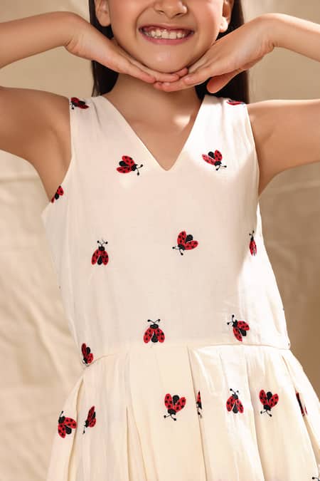Buy_Littlecheer_Off White Cotton Embroidery Ladybug Dress _Online_at_Aza_Fashions