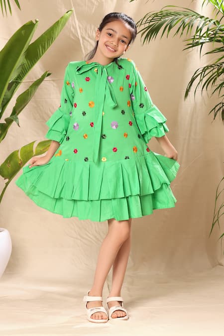 LittleCheer Floral Embroidered Box Pleated Dress 