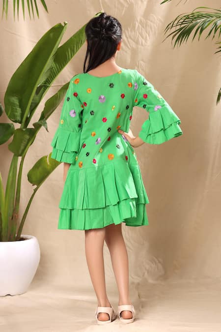 Shop Littlecheer Green Cotton Embroidery Floral Box Pleated Dress at Aza Fashions Shop_Littlecheer_Green Cotton Embroidery Floral Box Pleated Dress _at_Aza_Fashions