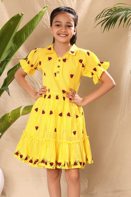 Buy Littlecheer Yellow Cotton Embroidery Flared Ladybug Dress Online at Aza Fashions Buy_Littlecheer_Yellow Cotton Embroidery Flared Ladybug Dress _Online_at_Aza_Fashions