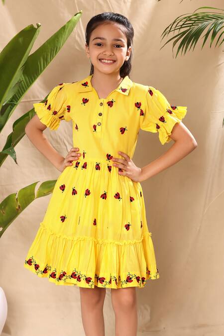 Shop Littlecheer Yellow Cotton Embroidery Flared Ladybug Dress Online at Aza Fashions Shop_Littlecheer_Yellow Cotton Embroidery Flared Ladybug Dress _Online_at_Aza_Fashions
