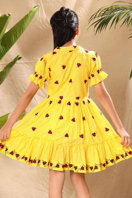 Shop Littlecheer Yellow Cotton Embroidery Flared Ladybug Dress at Aza Fashions Shop_Littlecheer_Yellow Cotton Embroidery Flared Ladybug Dress _at_Aza_Fashions