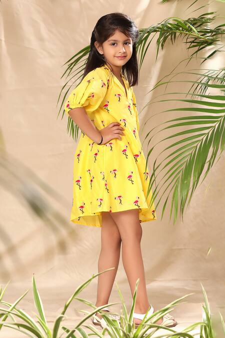 Buy Littlecheer Yellow Cotton Embroidery Flamingo A-line Dress Online at Aza Fashions Buy_Littlecheer_Yellow Cotton Embroidery Flamingo A-line Dress _Online_at_Aza_Fashions