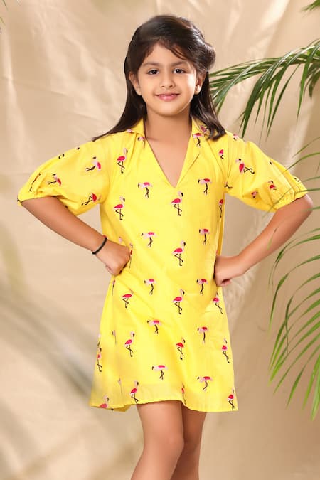 Shop Littlecheer Yellow Cotton Embroidery Flamingo A-line Dress Online at Aza Fashions Shop_Littlecheer_Yellow Cotton Embroidery Flamingo A-line Dress _Online_at_Aza_Fashions