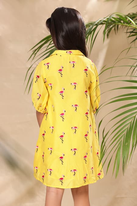 Shop Littlecheer Yellow Cotton Embroidery Flamingo A-line Dress at Aza Fashions Shop_Littlecheer_Yellow Cotton Embroidery Flamingo A-line Dress _at_Aza_Fashions
