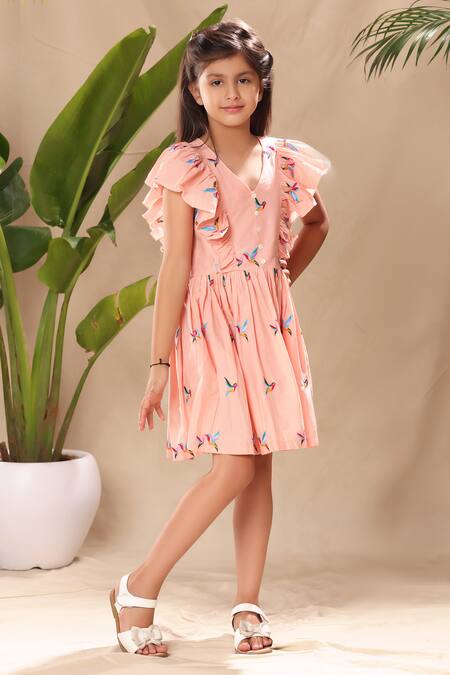 Littlecheer Pink Cotton Embroidery Bird Flutter Sleeve Dress Online at Aza Fashions Littlecheer_Pink Cotton Embroidery Bird Flutter Sleeve Dress _Online_at_Aza_Fashions