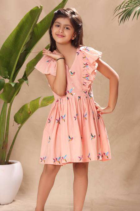 Buy Littlecheer Pink Cotton Embroidery Bird Flutter Sleeve Dress Online at Aza Fashions Buy_Littlecheer_Pink Cotton Embroidery Bird Flutter Sleeve Dress _Online_at_Aza_Fashions