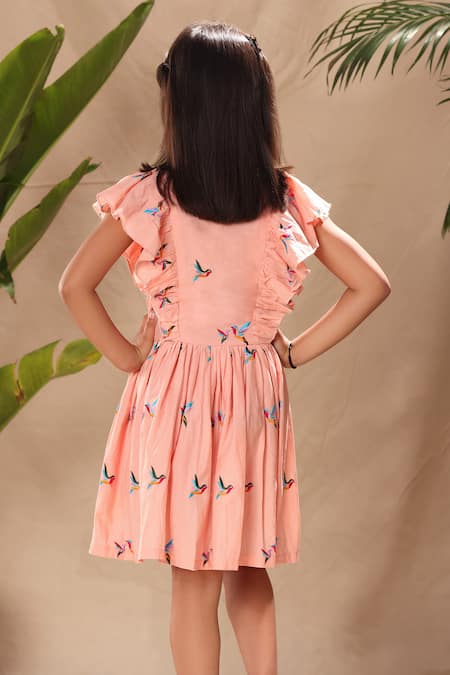 Shop Littlecheer Pink Cotton Embroidery Bird Flutter Sleeve Dress at Aza Fashions Shop_Littlecheer_Pink Cotton Embroidery Bird Flutter Sleeve Dress _at_Aza_Fashions