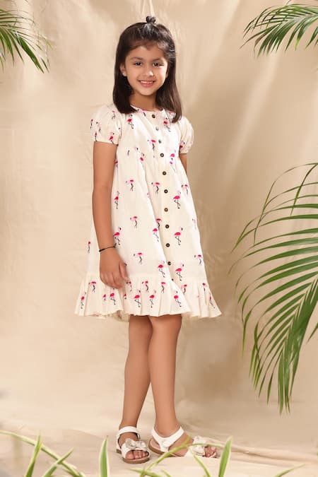 Littlecheer_Off White Cotton Embroidery Flamingo Dress _Online_at_Aza_Fashions