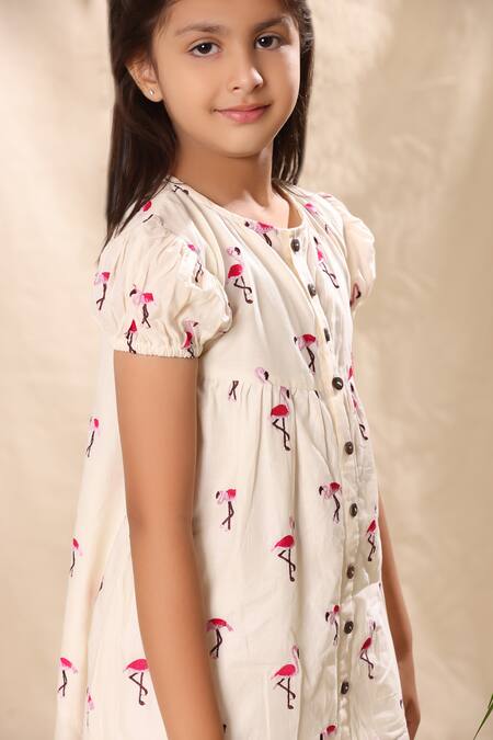 Buy_Littlecheer_Off White Cotton Embroidery Flamingo Dress _Online_at_Aza_Fashions