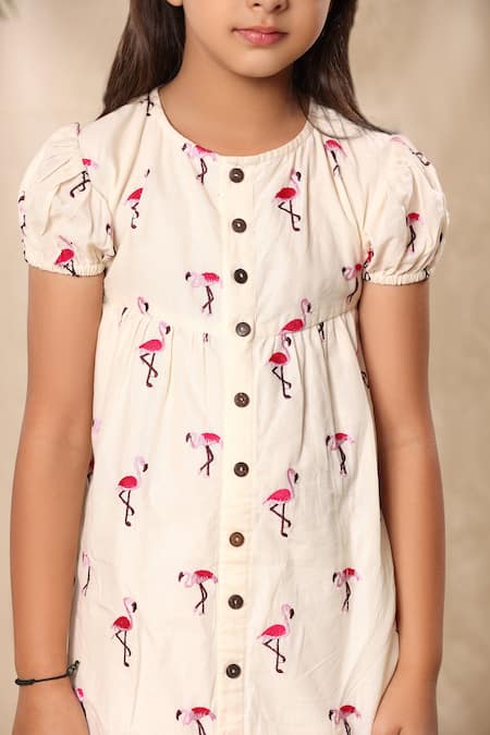 Shop_Littlecheer_Off White Cotton Embroidery Flamingo Dress _Online_at_Aza_Fashions