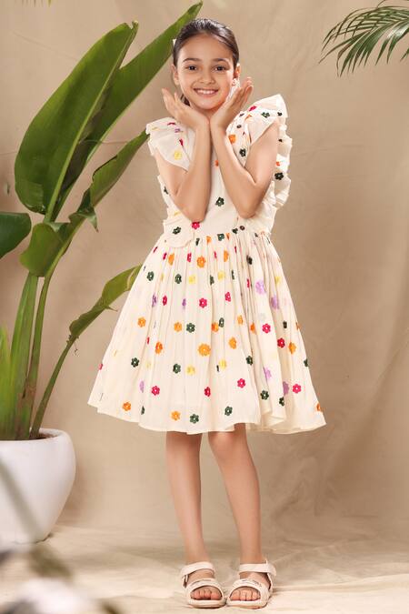 Buy_Littlecheer_Off White Cotton Embroidery Flower Dress _Online_at_Aza_Fashions