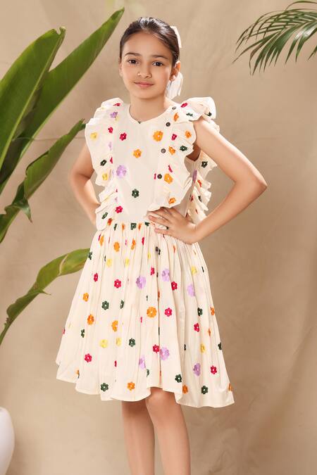 Shop_Littlecheer_Off White Cotton Embroidery Flower Dress _Online_at_Aza_Fashions