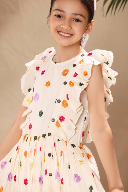 Littlecheer_Off White Cotton Embroidery Flower Dress _at_Aza_Fashions