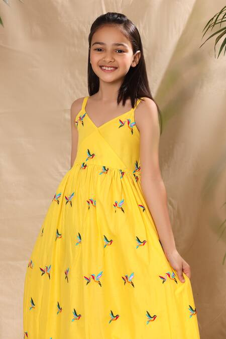 Littlecheer_Yellow Cotton Embroidery Bird Maxi Dress _Online_at_Aza_Fashions