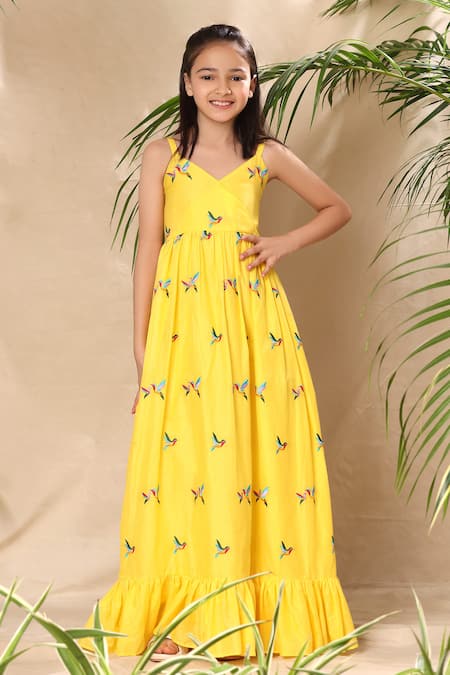 LittleCheer Yellow Soft Cotton Cambric Embroidery Thread Bird Maxi Dress 