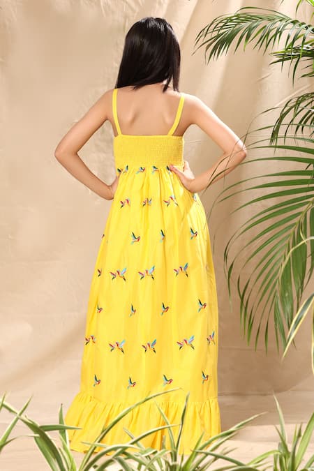 Shop_Littlecheer_Yellow Cotton Embroidery Bird Maxi Dress _at_Aza_Fashions