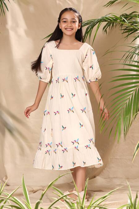Littlecheer_Off White Cotton Embroidery Bird Pintuck Dress _Online_at_Aza_Fashions