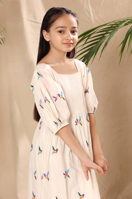 Buy_Littlecheer_Off White Cotton Embroidery Bird Pintuck Dress _Online_at_Aza_Fashions