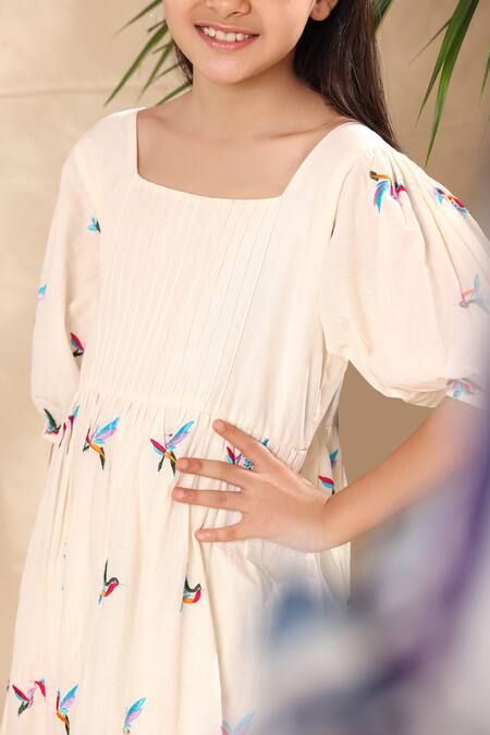Shop_Littlecheer_Off White Cotton Embroidery Bird Pintuck Dress _Online_at_Aza_Fashions