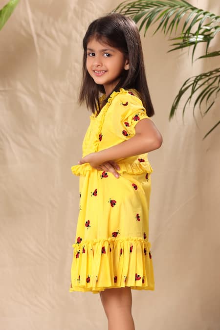 Littlecheer_Yellow Cotton Embroidery Ladybug Dress _Online_at_Aza_Fashions