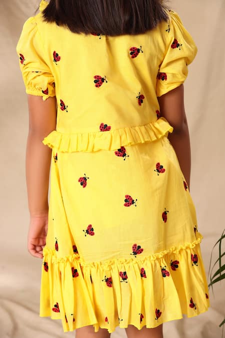 Shop_Littlecheer_Yellow Cotton Embroidery Ladybug Dress _Online_at_Aza_Fashions