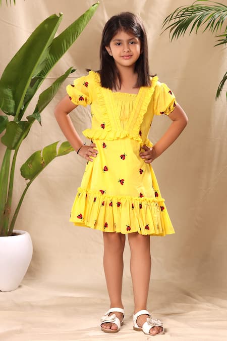Shop_Littlecheer_Yellow Cotton Embroidery Ladybug Dress _at_Aza_Fashions